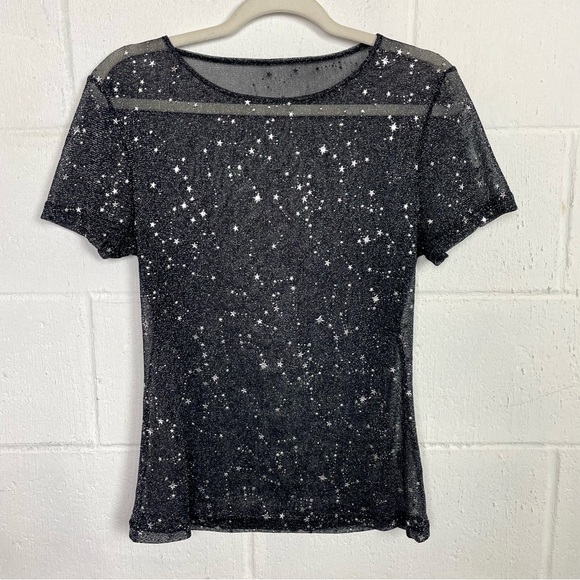 Mangopop Tops - Mangopop Tee Sheer Black Fitted Metallic Stars Whimsigoth Dark Fairy Ethereal XL